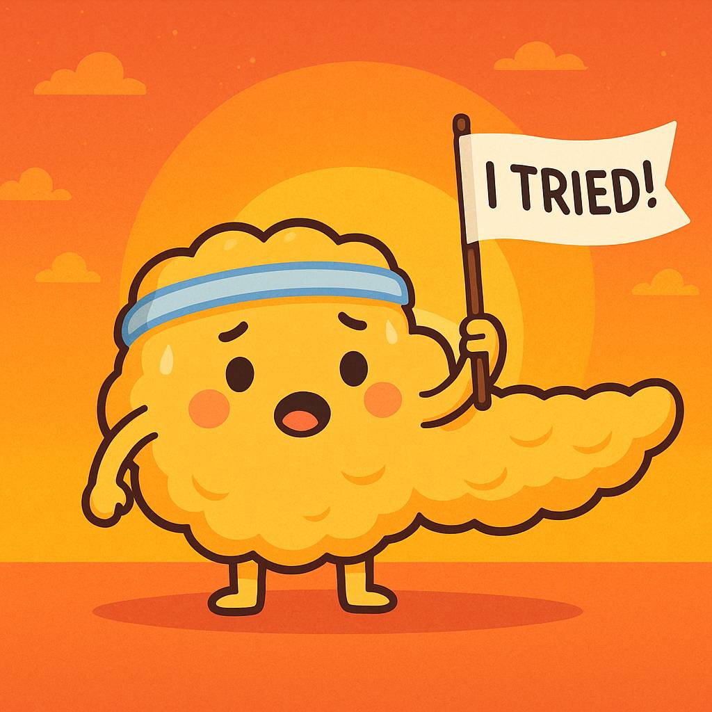 A friendly cartoon pancreas with a blue sweatband holds a white flag that says “I tried!” under a pastel sunset, symbolizing quiet perseverance.