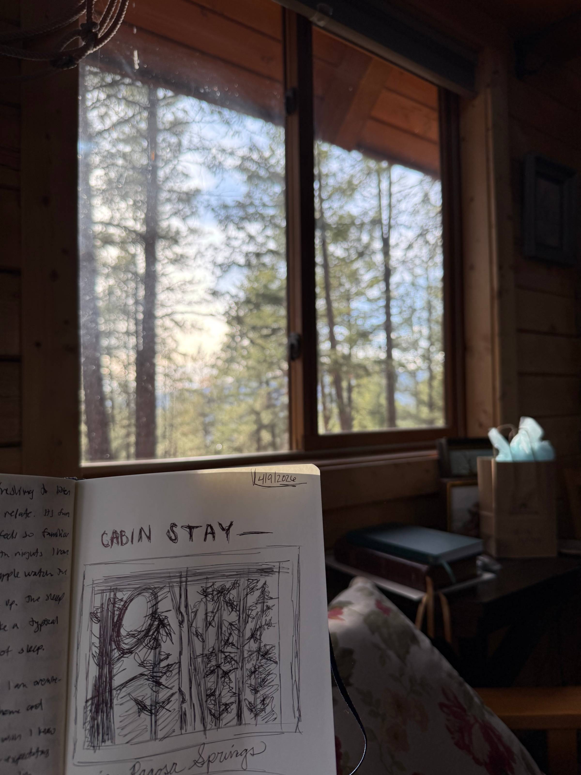 A softly lit cabin interior with tall windows overlooking pine trees and distant mountains. In the foreground, an open journal rests on a floral blanket, showing a hand-drawn sketch titled “Cabin Stay — Pagosa Springs” dated 4/19/2026. Warm wood tones, sc