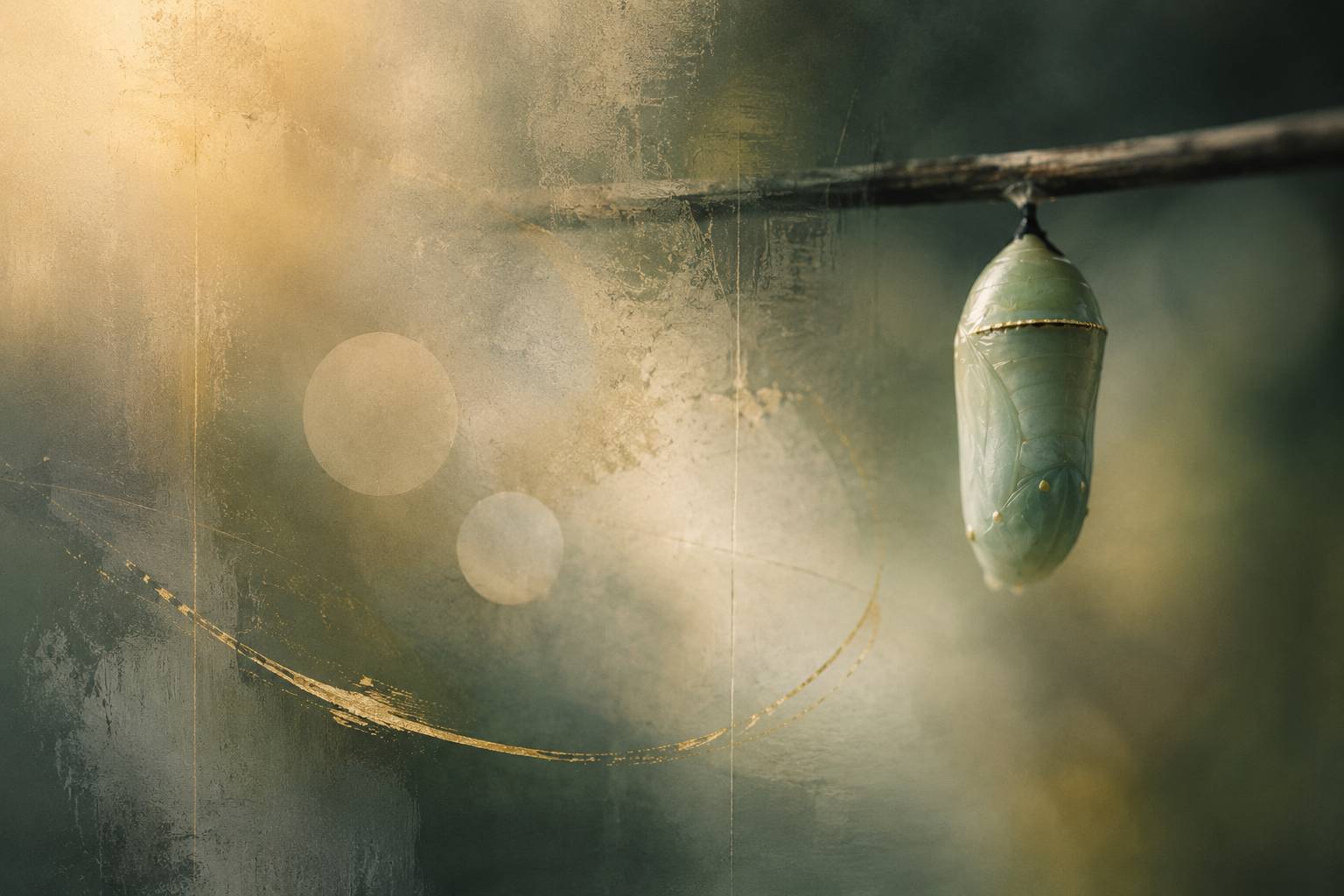 An abstract green and gold image of a chrysalis hanging from a branch, surrounded by soft light, layered textures, and sweeping golden lines.