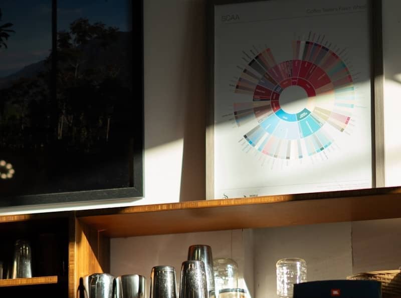 Sunlight streams across shelves of coffee shop equipment.
