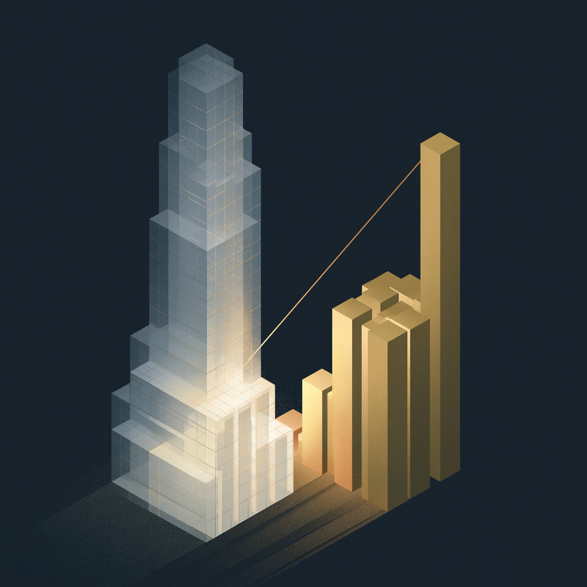Two abstract towers on navy background: a tall translucent tower representing audience size and a shorter gold tower representing revenue, with a golden line marking the crossover point.