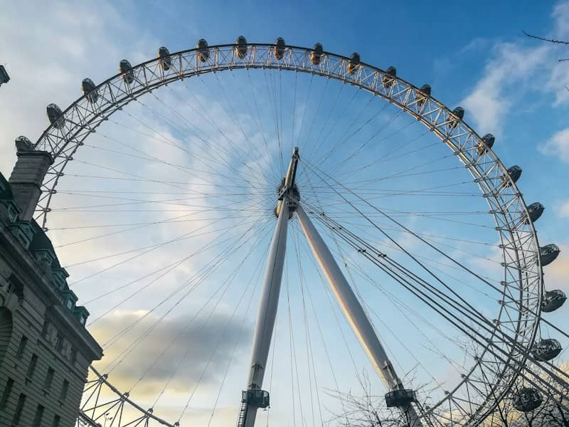 The London Eye ferris wheel against a blue sky with light clouds