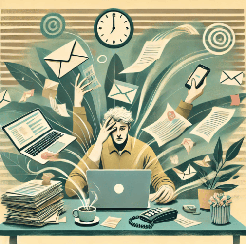 Multitaskaaminen kuormittaa aivojasi. Tekoälyn luoma kuvituskuva.