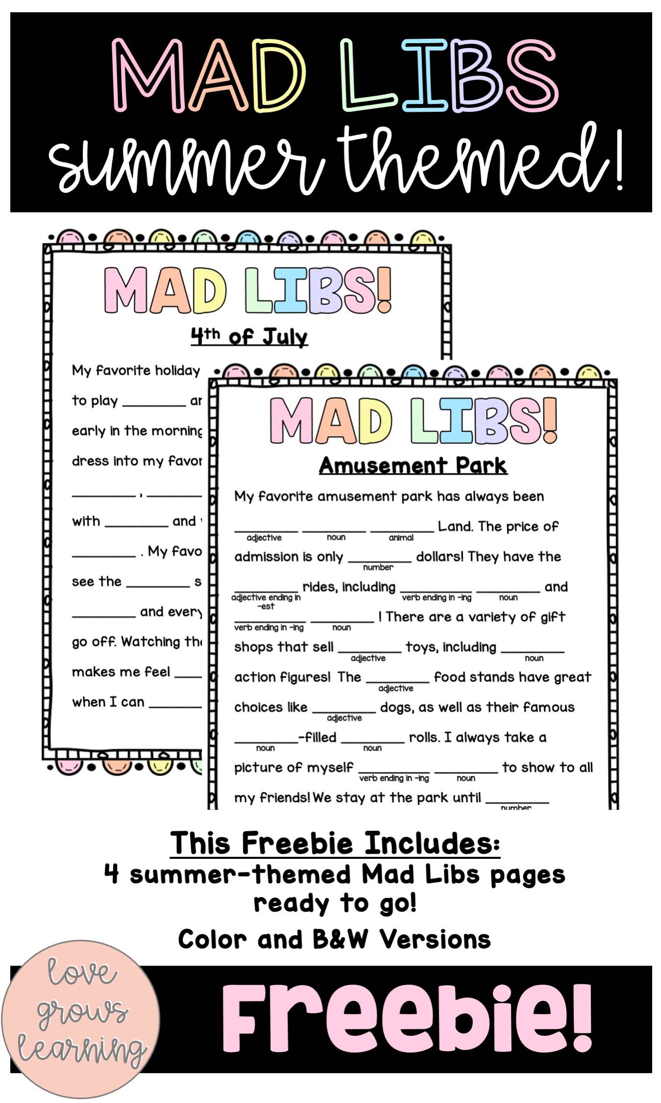 Free Mad Libs For Kids Summer