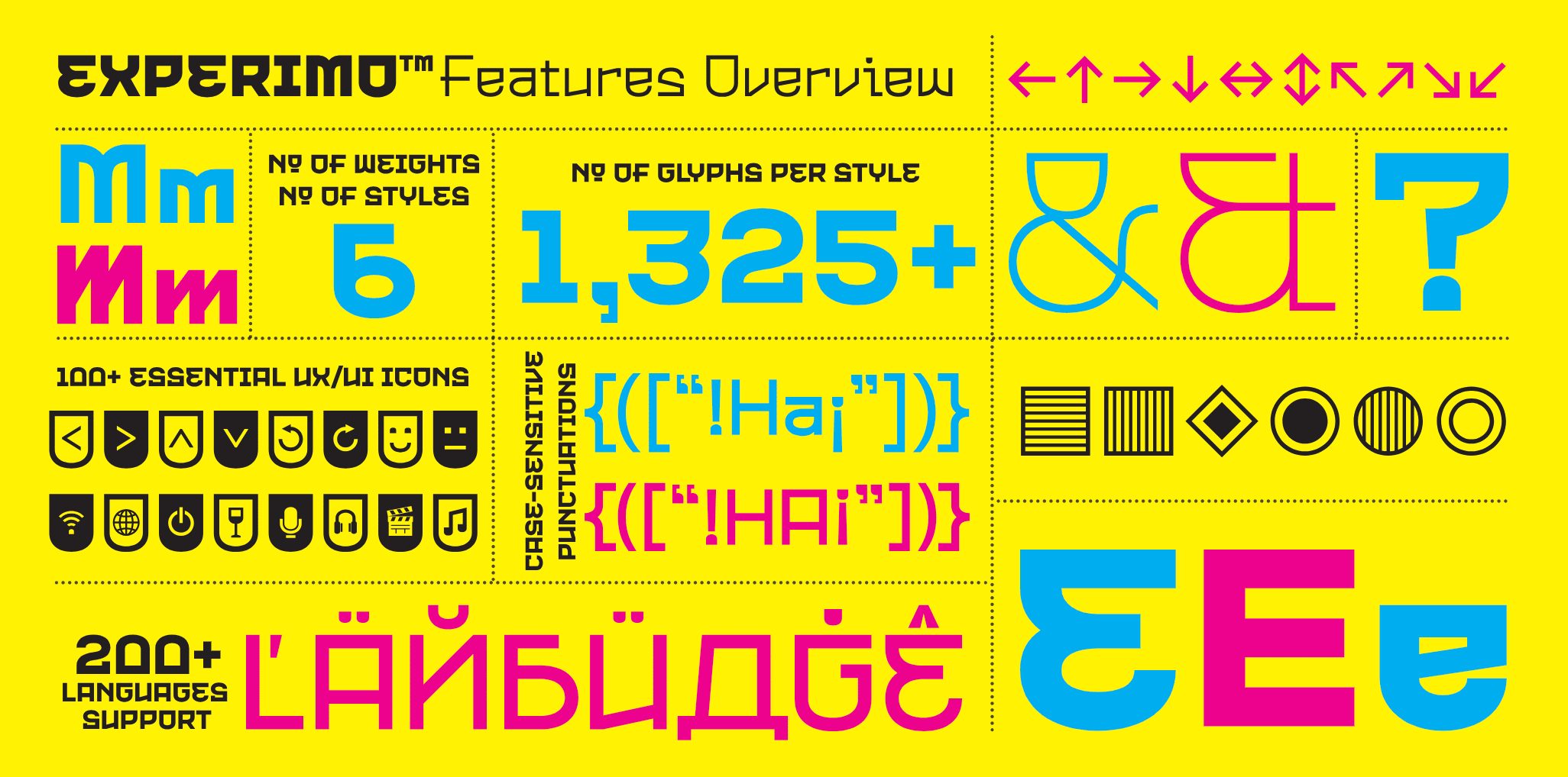 A collection of the typeface Experimo on a Yellow background