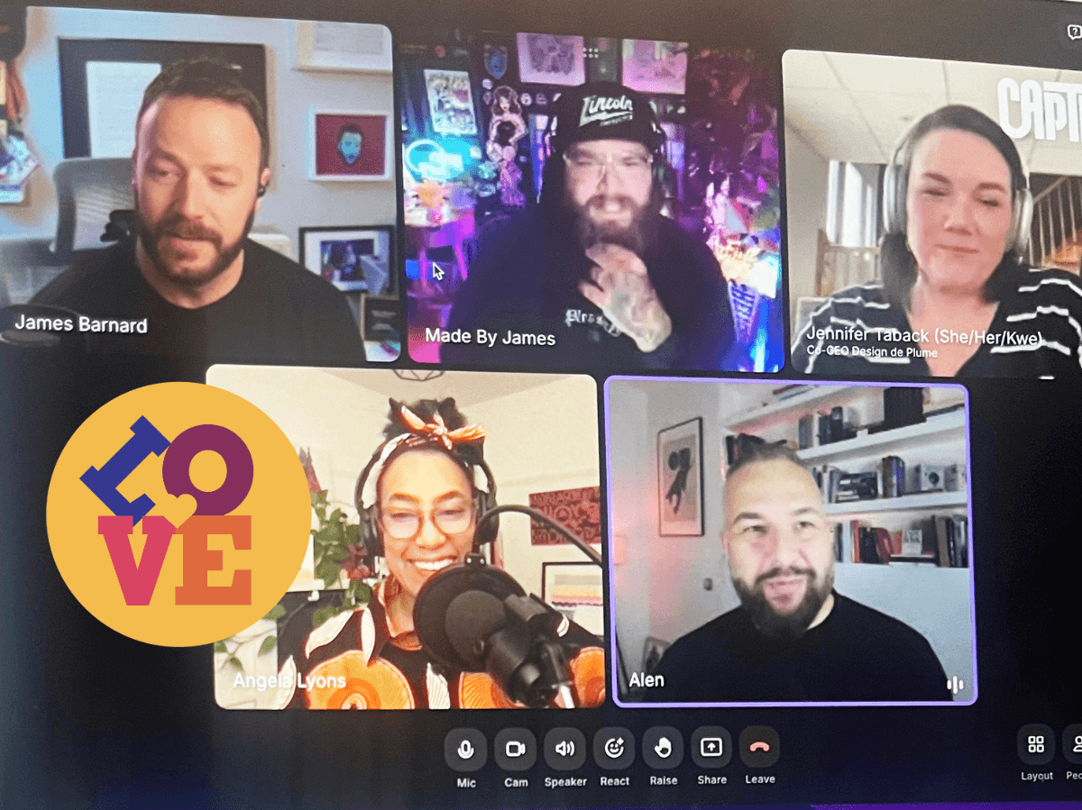 Screen with 5 people recording a podcast