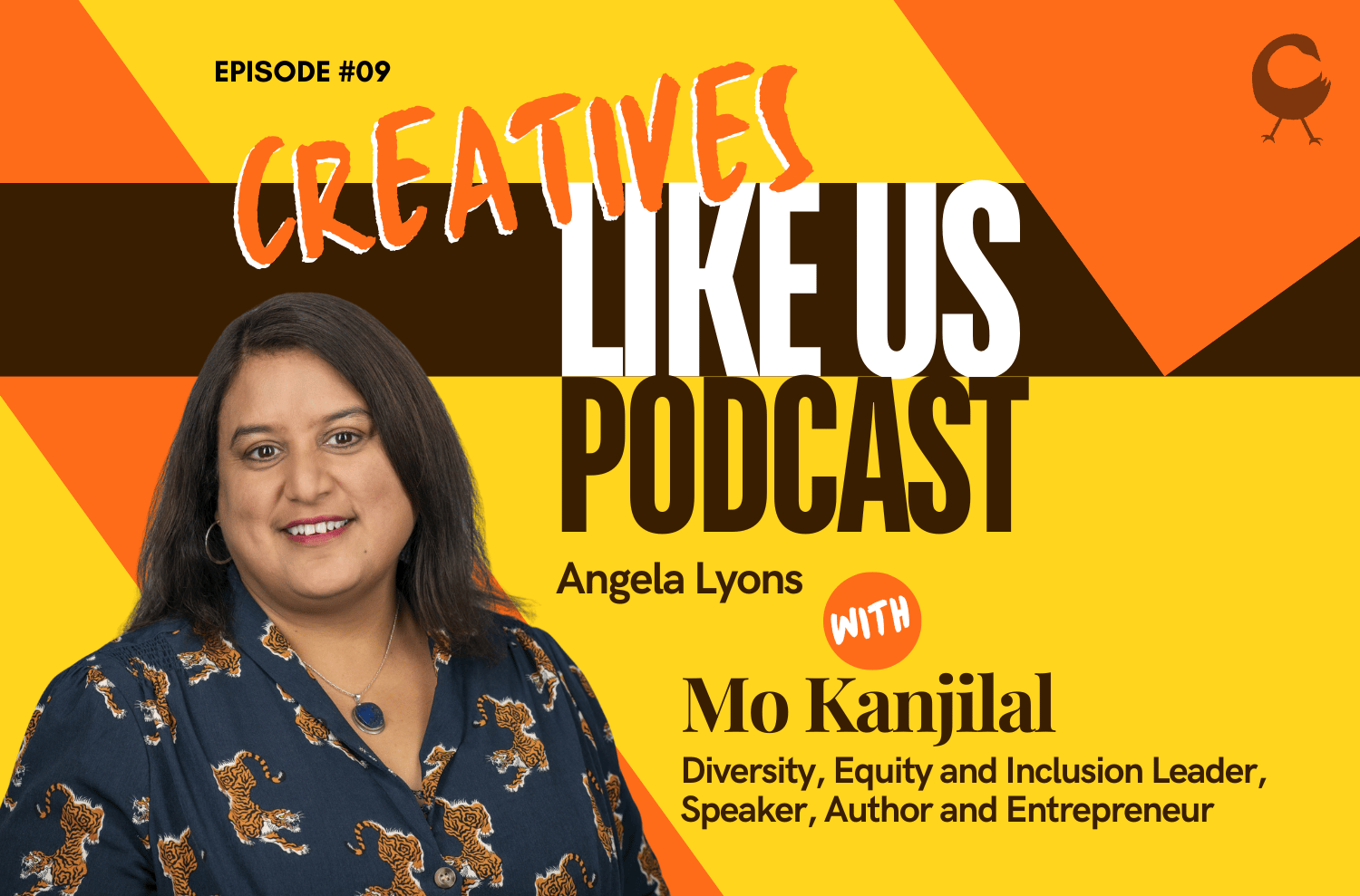Image of a woman man smiling. Text reads Creatives Like Us Angela Lyons with Mo Kanjilal