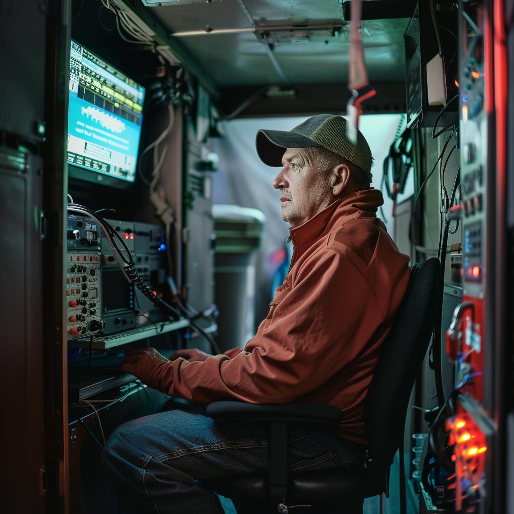 A broadcasting engineer seated in a production truck. 