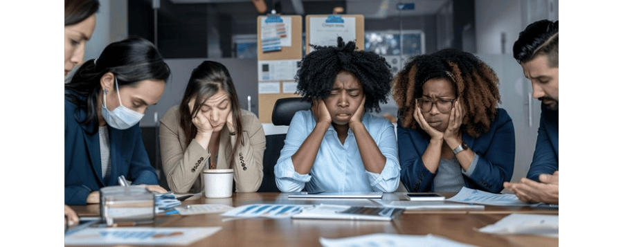 Staff around a meeting table reviewing challenges
