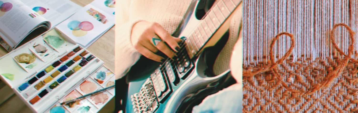 Image 1: colour mixing paint | Image 2: Woman playing electric guitar | Image 3: Weaving pattern on a loom