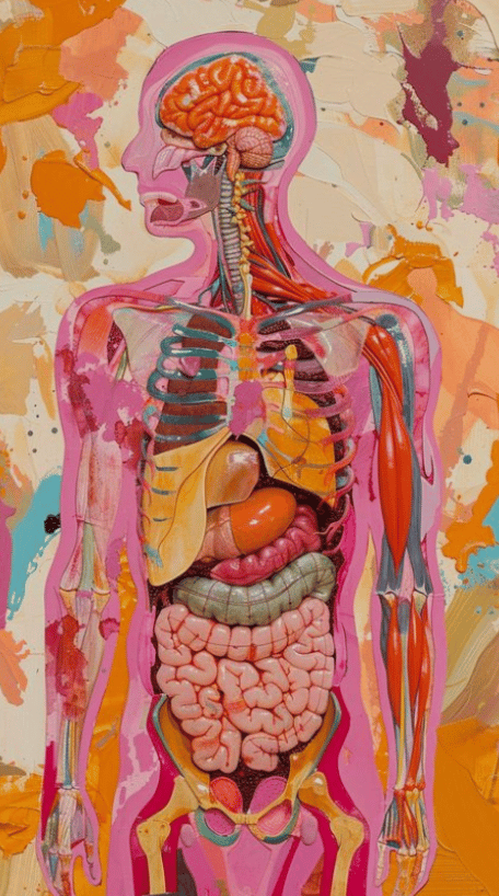 a festivley colored a cross-section of the human torso. medical illustration meets abstract expressionism.