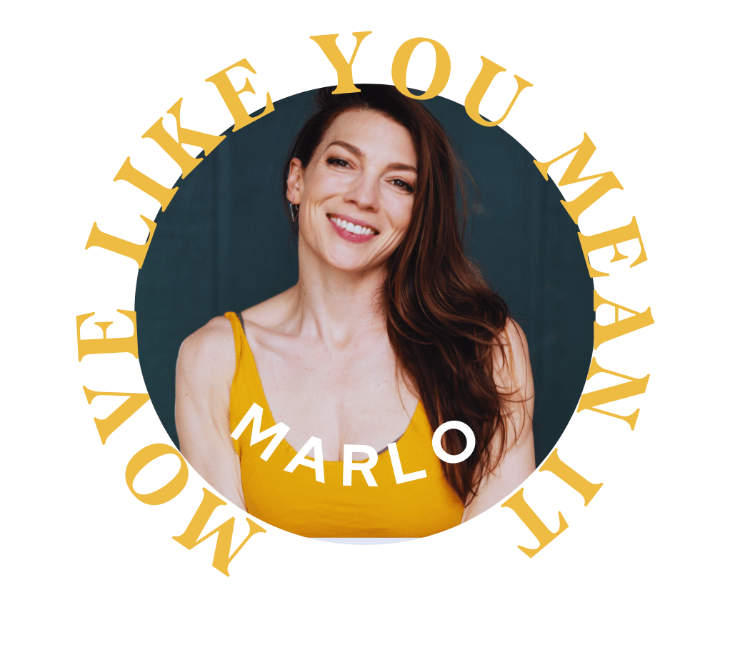 Circular portrait of marlo with "move like you mean it" in marigold text
