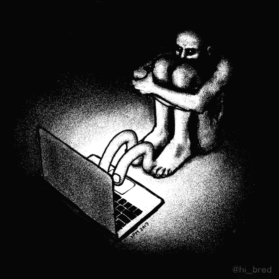 GIF of creepy being typing with extra long big toes in the dark