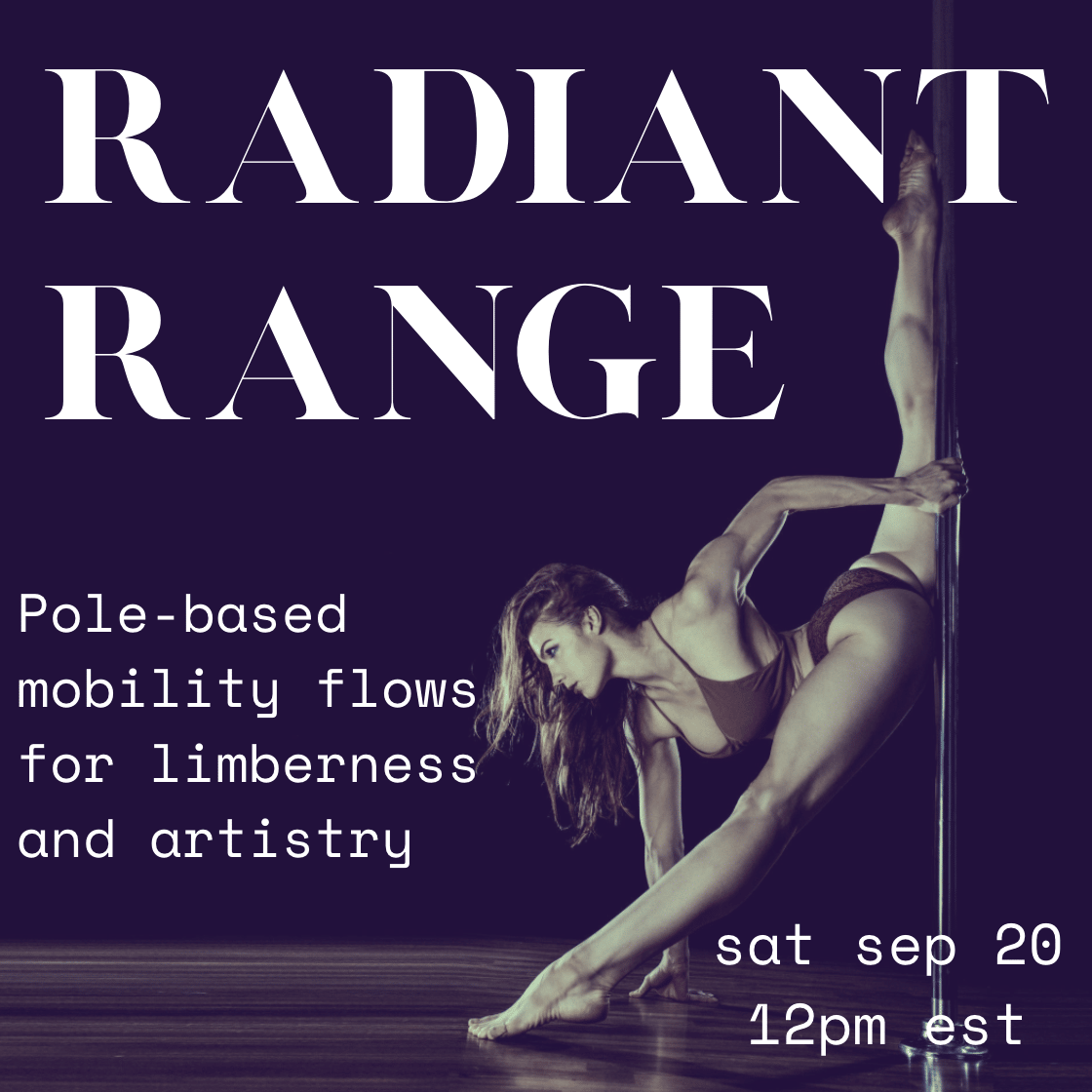 marlo does a face-down oversplit against the pole."radiant range: pole-based mobility flows for limberness and artistry"