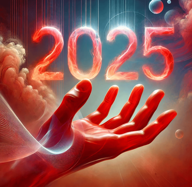 a red hand reaching for an electric trippy 2025 in a celestial scene