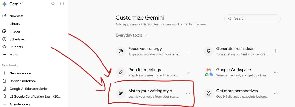 Screenshot of the skills page with "match your writing style" circled in red