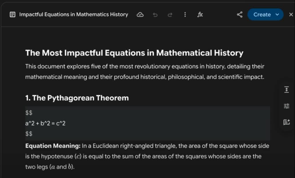 Screenshot of Gemini creating a resource with math formatting