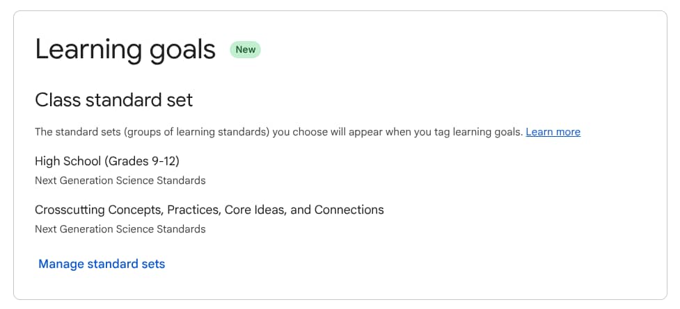 Screenshot of the learning goal page in Google classroom