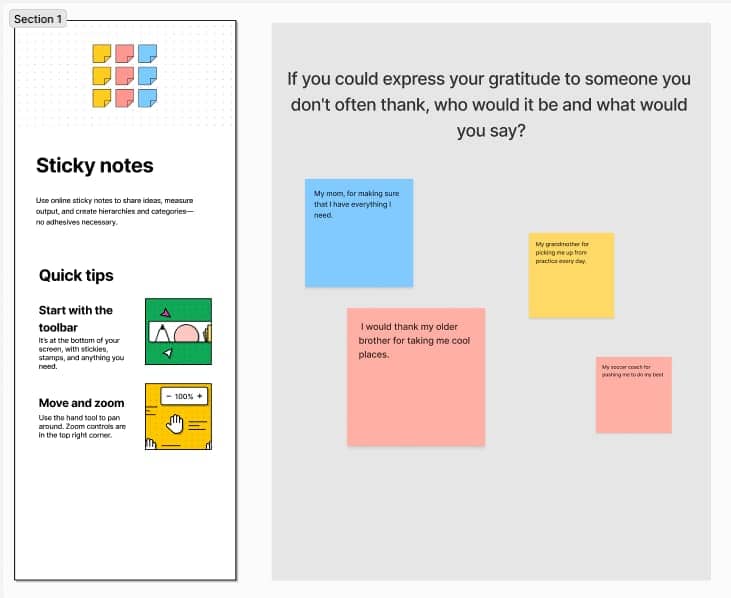 Screen shot of Figjam featuring a discussion question and several sticky notes with student responses