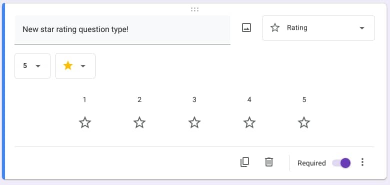 Screenshot of the new star rating question type for Google Forms