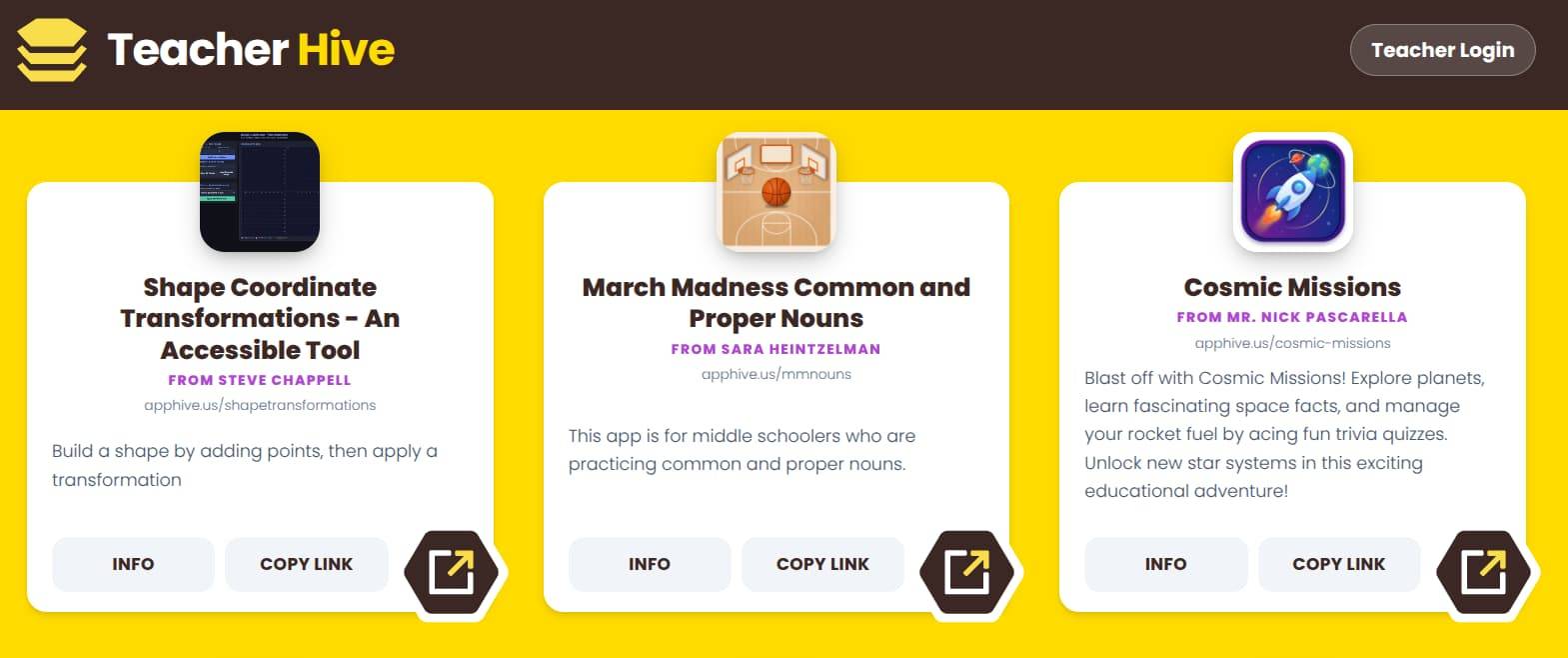 Screen shot of "teacher hive" a new place to publish vibe coding apps