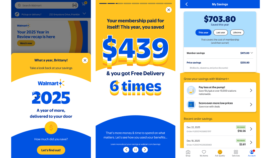 Alt text: screenshots from Walmart+ 2025 recap, including how much money was saved throughout the year.