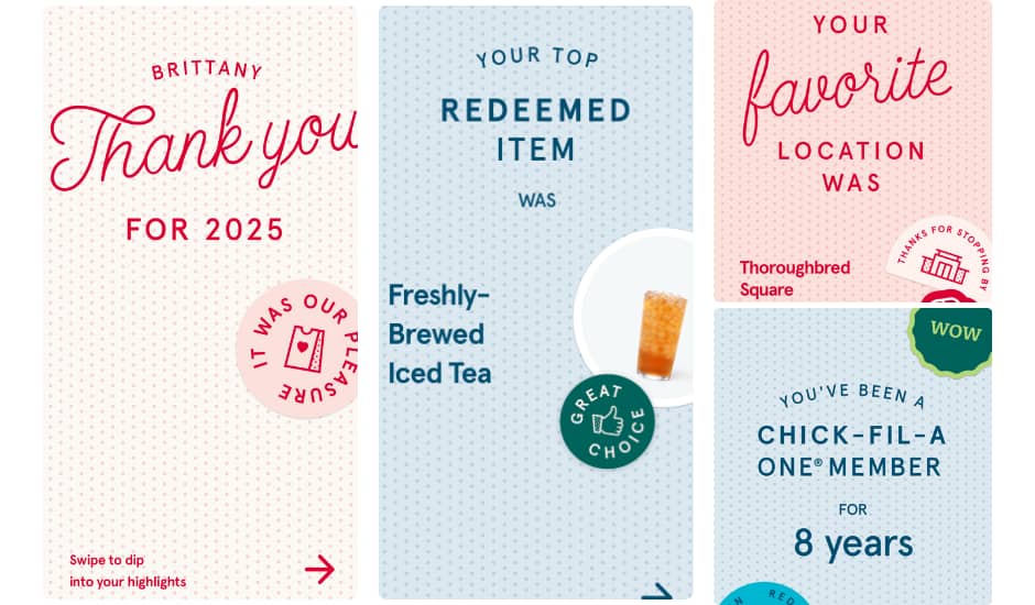 2025 recap from Chick-fil-A. Highlights include your top redeemed award was half and half iced tea.