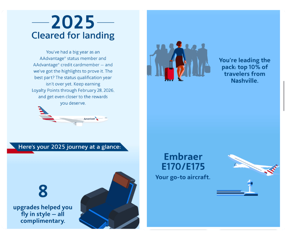 American Airlines 2025 recap for Brittany. Highlights include being in the top 10% of travelers from Nashville.