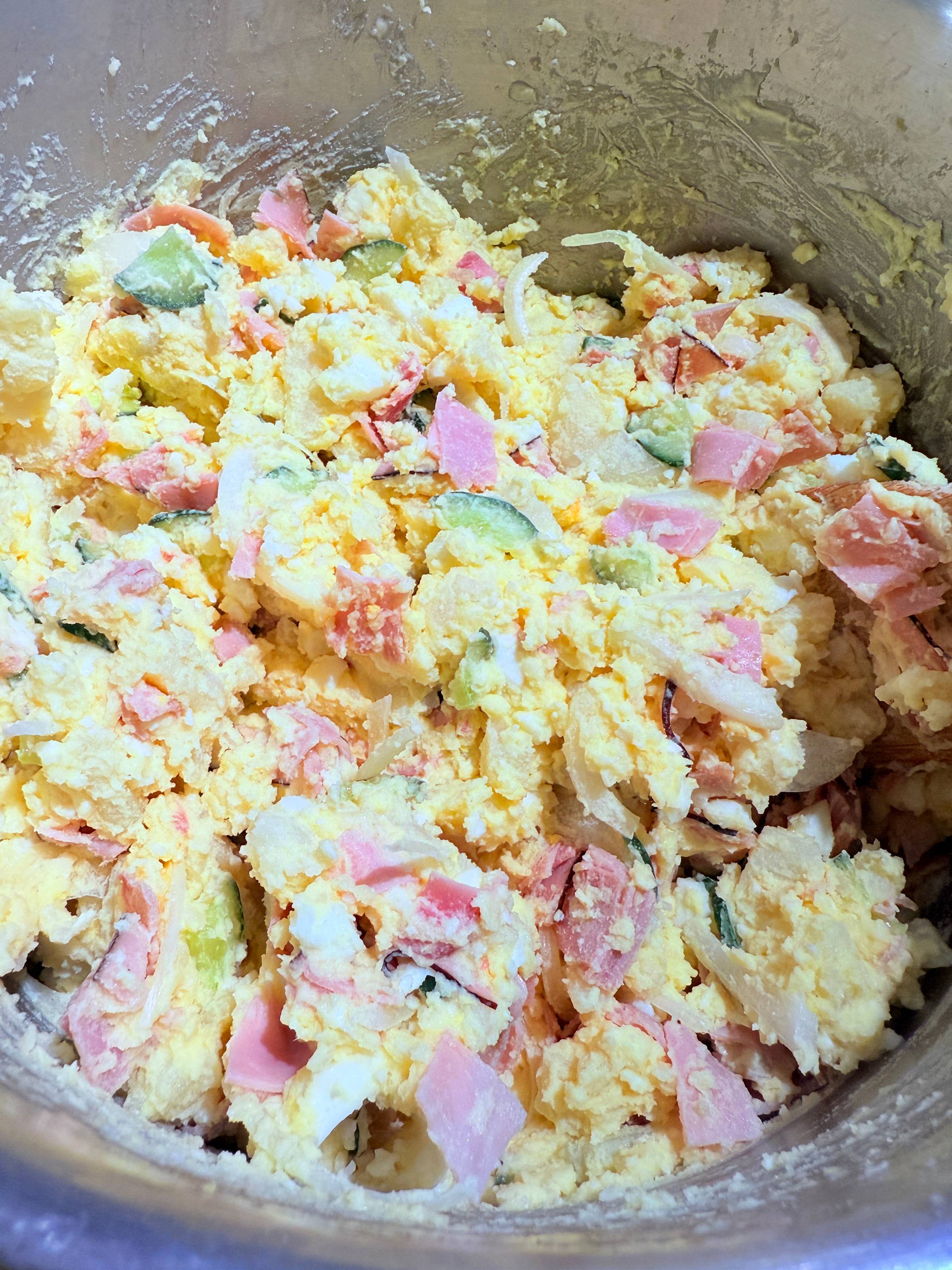 The Classic Japanese Potato Salad with ham, cucumber, onion, and boiled eggs
