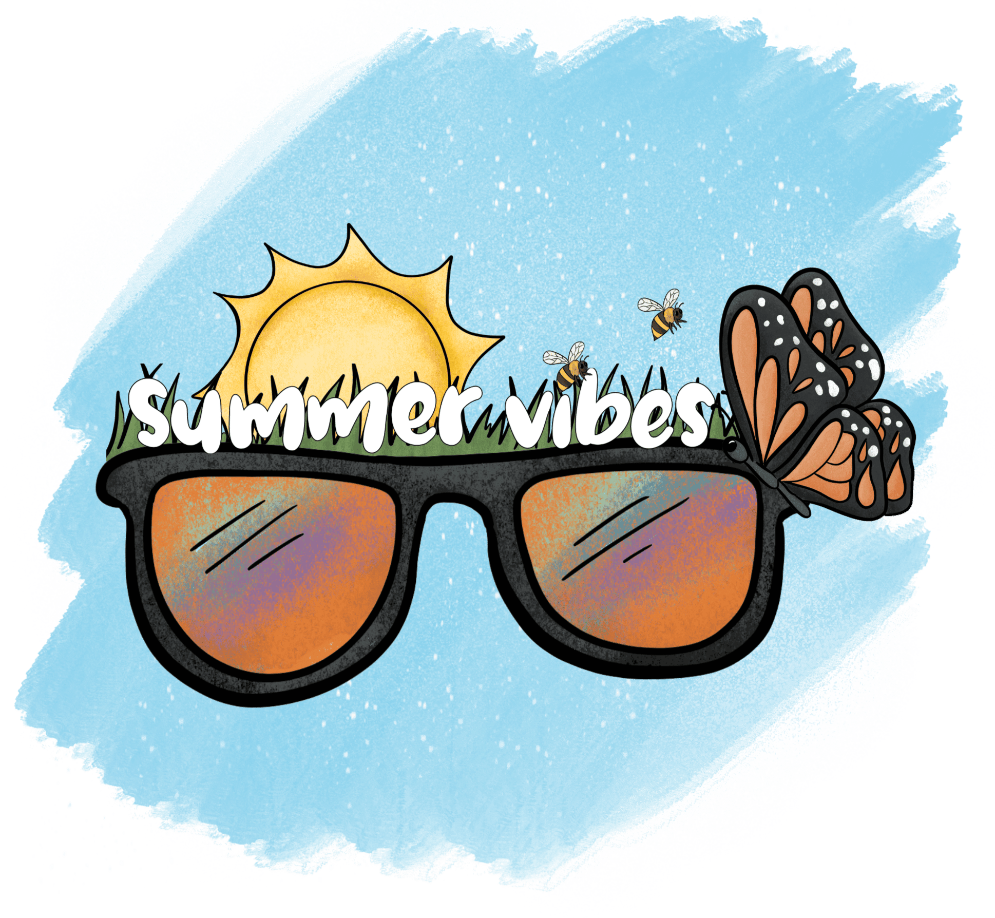 Fun 1980s style black sunglasses with iridescent lenses have illustrated grass growing out of the top of them with small bees flying, a sun peeking out from behind, and a cute butterfly propped on the side. Along the top of the glasses are the words "summ