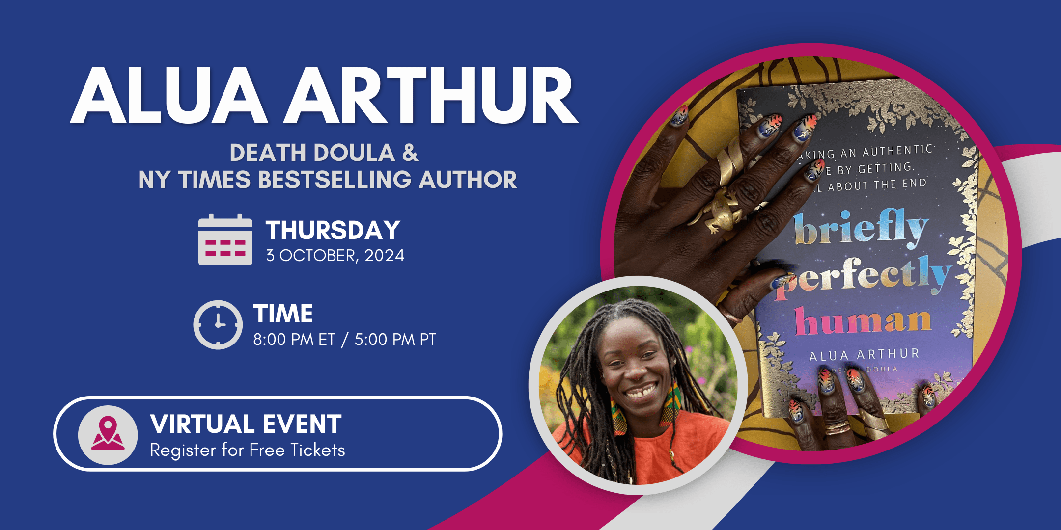 Alua Arthur is smiling in the  photo along with a photograph of her hands holding her book "briefly perfectly human"