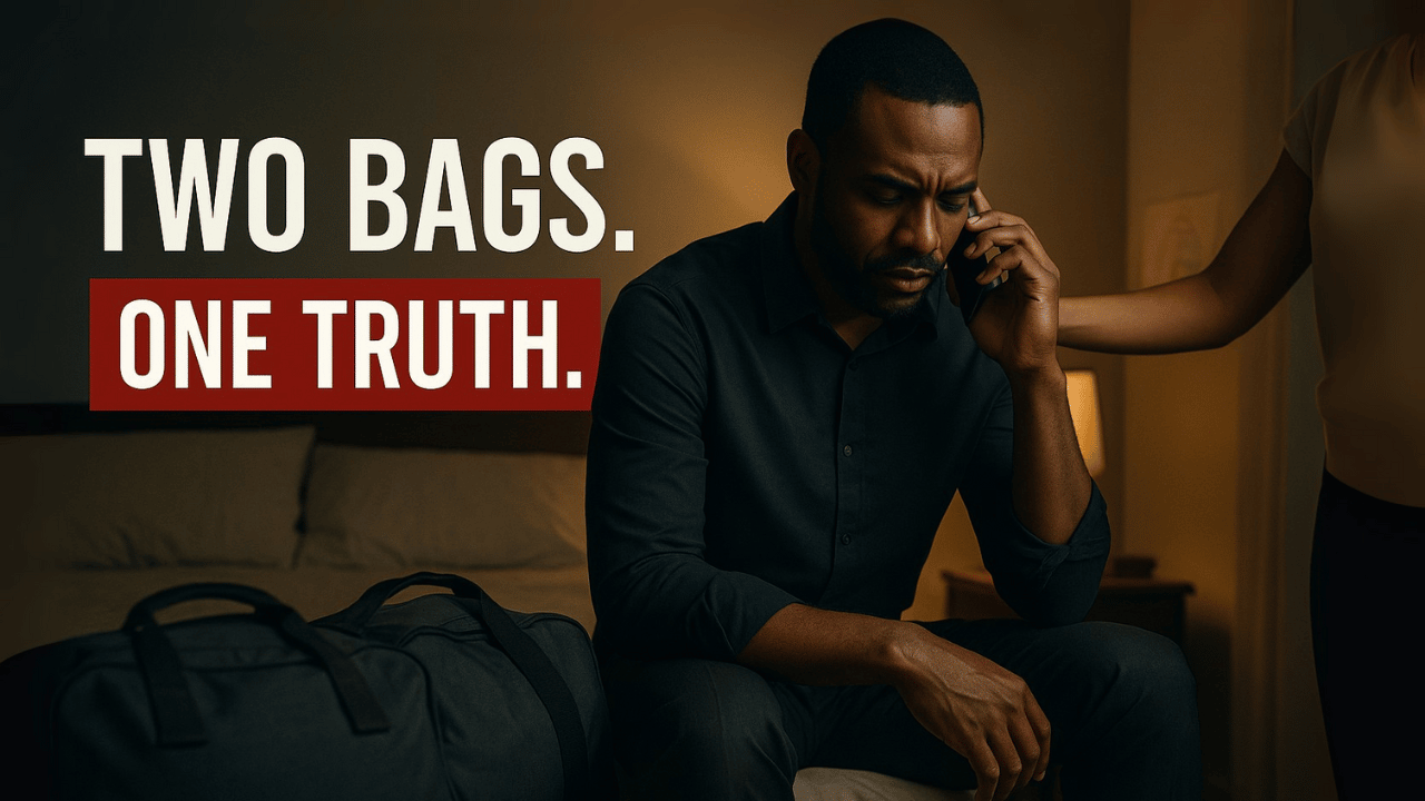 A man receiving a call with two bags.