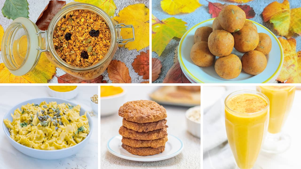 college of five images featuring granola, orange colour balls, pasta, cookies and smoothie.