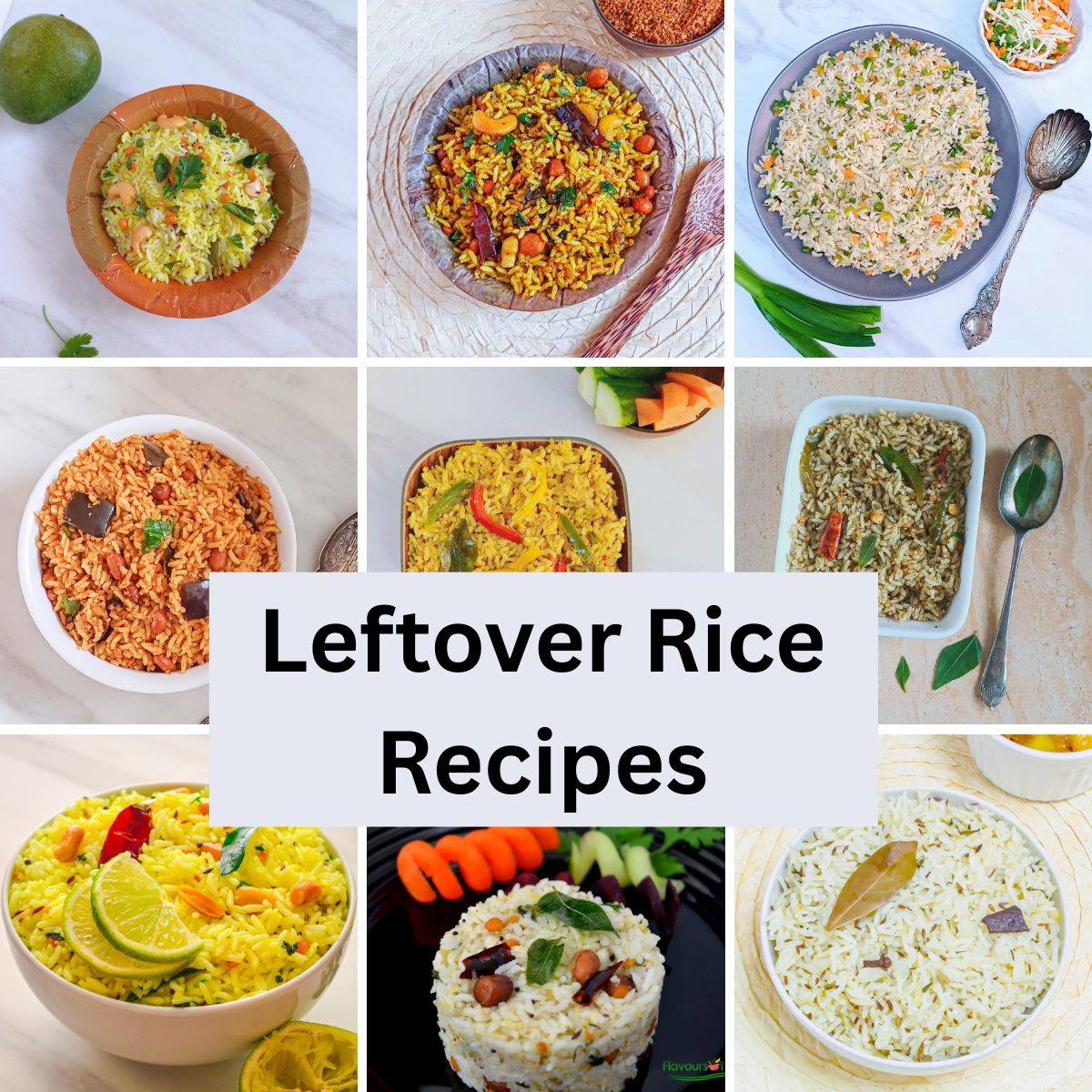 college of nine rice dishes with text overlay in the middle.