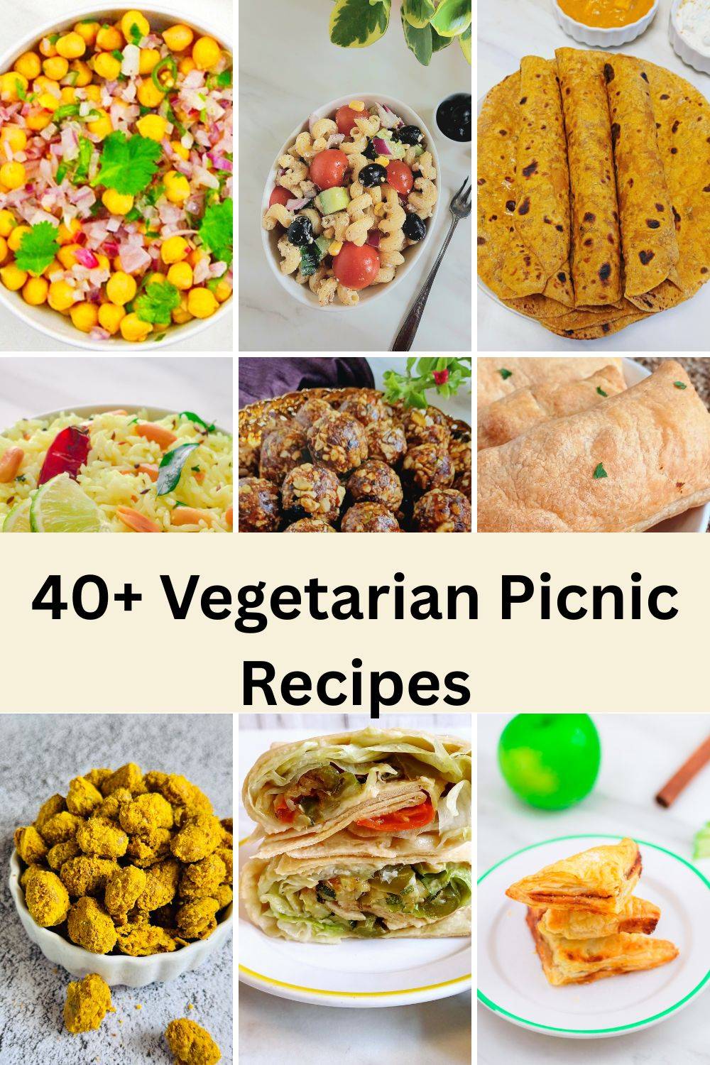 collage of nine images of vegetarian picnic dishes with text overlay in the centre.