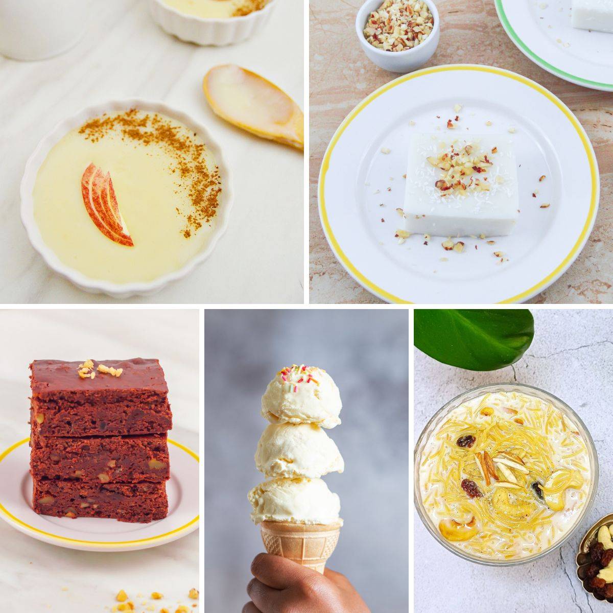 collage of five images consisting of custard, pudding, brownies, ice cream and payasam.