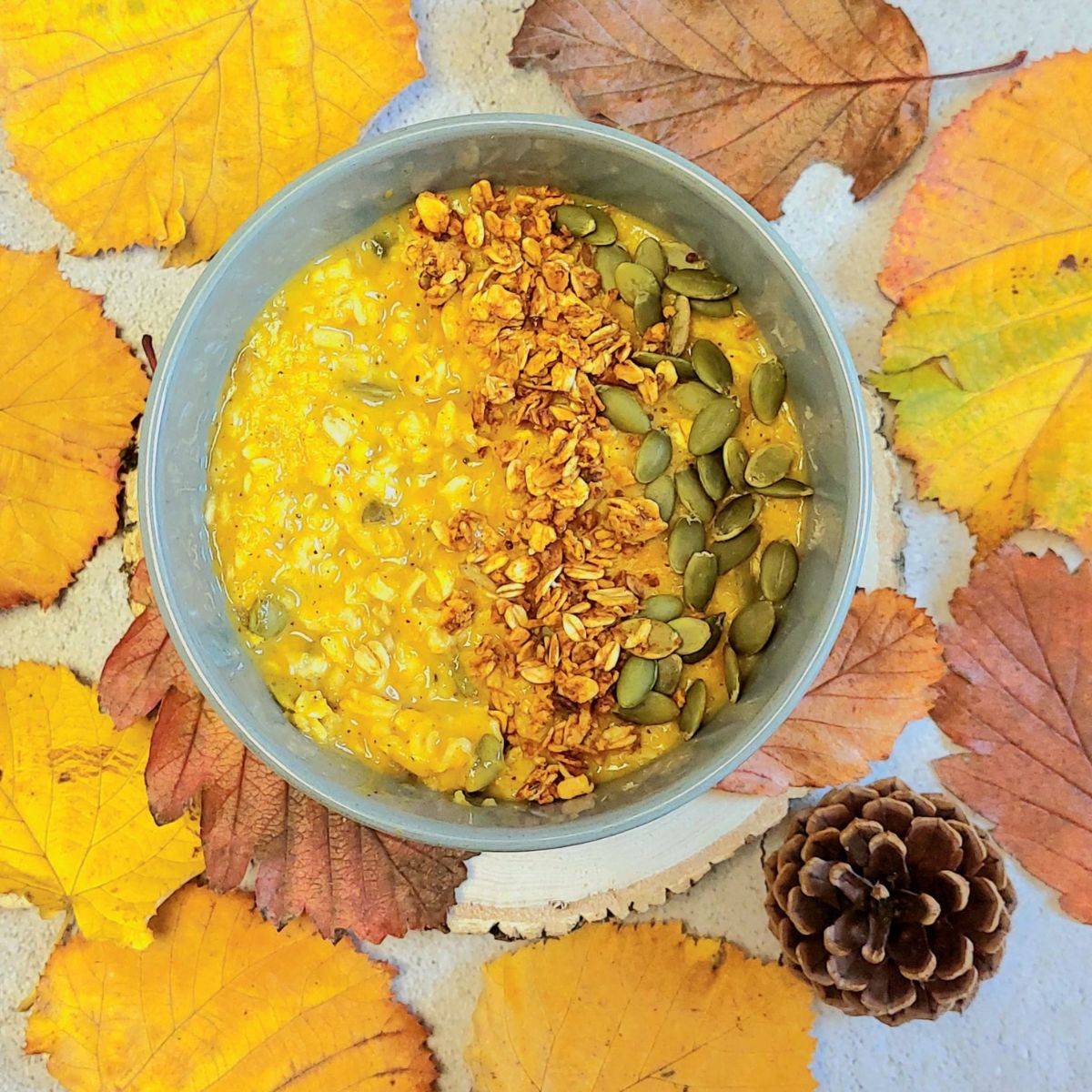 grey bowl of pumpkin oatmeal porridge topped with pumpkin seeds and granola placed on grey granite along with autumn leaves
