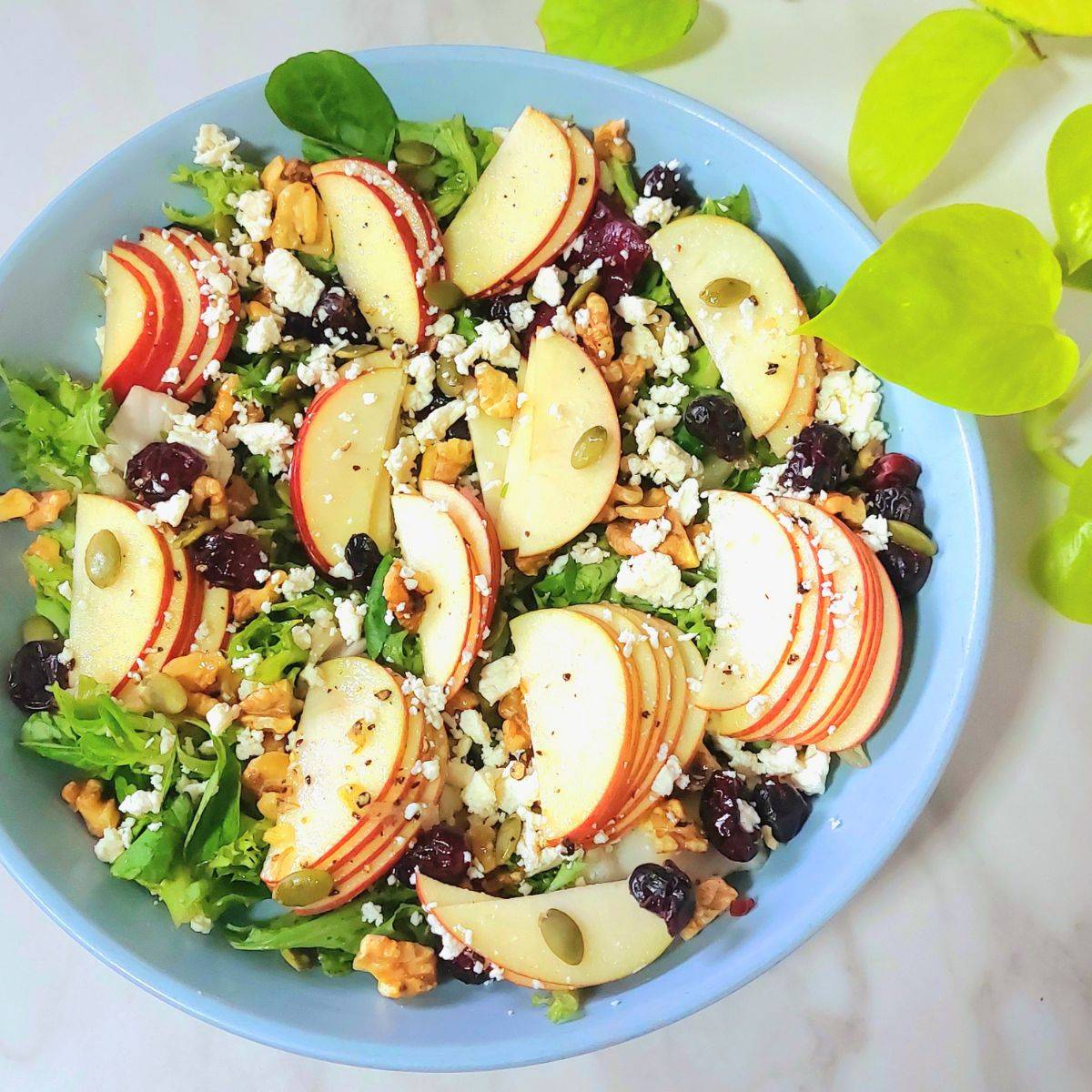 blue bowl of apple walnut feta green salad placed on white marble.