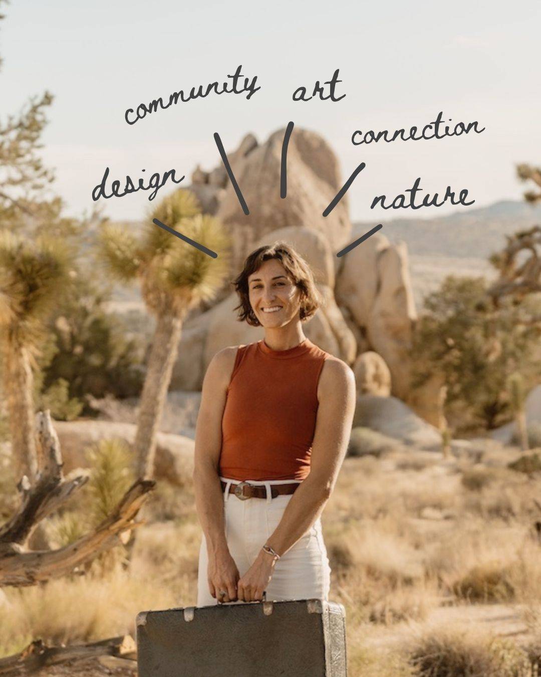 a photo of nina with many interests surrounding her in a desert setting