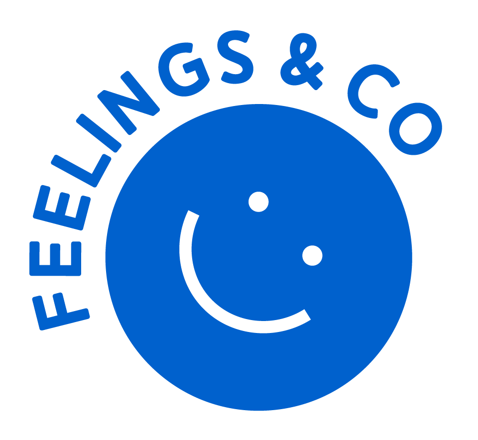 A graphic of the Feelings & Co logo. It's cobalt blue in color, with a smiley face that is tilted somewhat on its side. Wrapping around the smiley face are the words "Feelings & Co."
