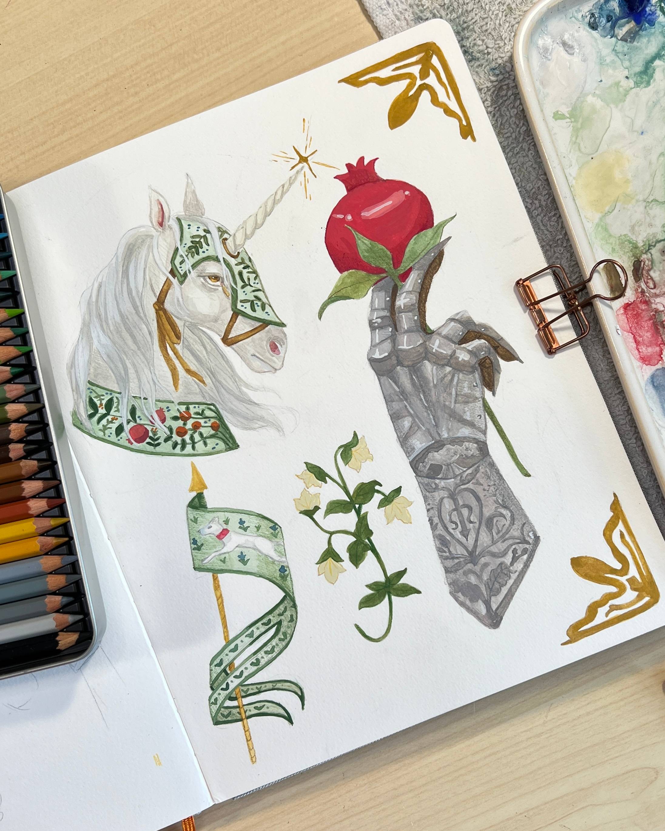 Armored unicorns and knight armor with fruit, florals, and medieval inspired heraldry