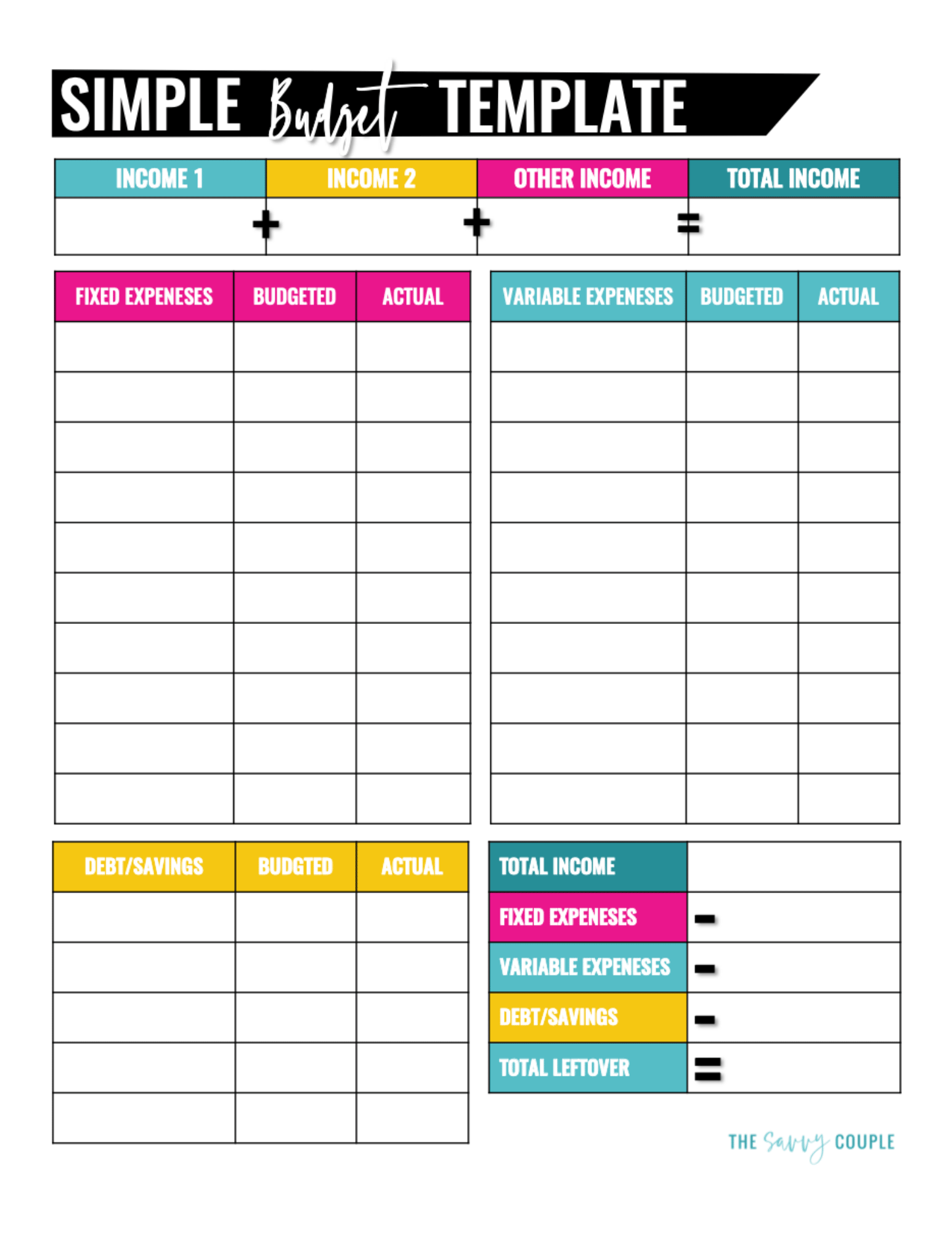 Free Simple Monthly Budget Template