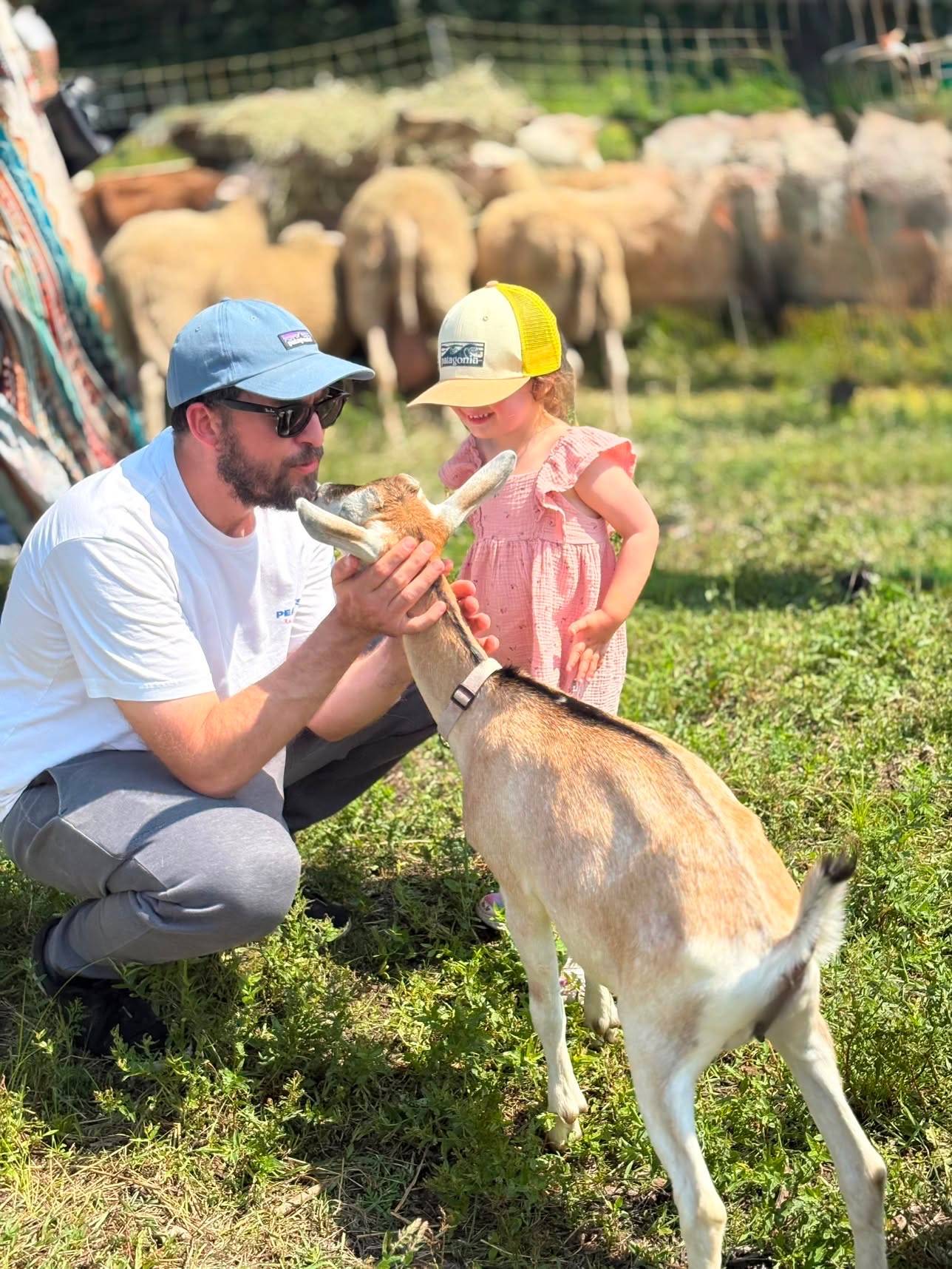 Visitors interact with a goat during a guided tour