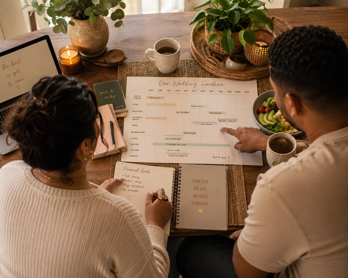 Multicultural couple reviewing their wedding timeline together while enjoying a quiet meal, illustrating intentional planning, wellness, and balance during the engagement season.