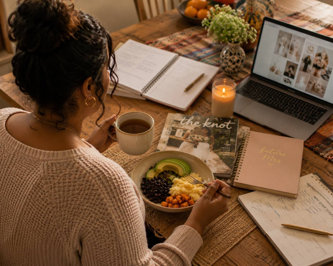 Bride taking a quiet moment to enjoy a nourishing meal while balancing wedding planning and building healthy daily routines during a busy season.