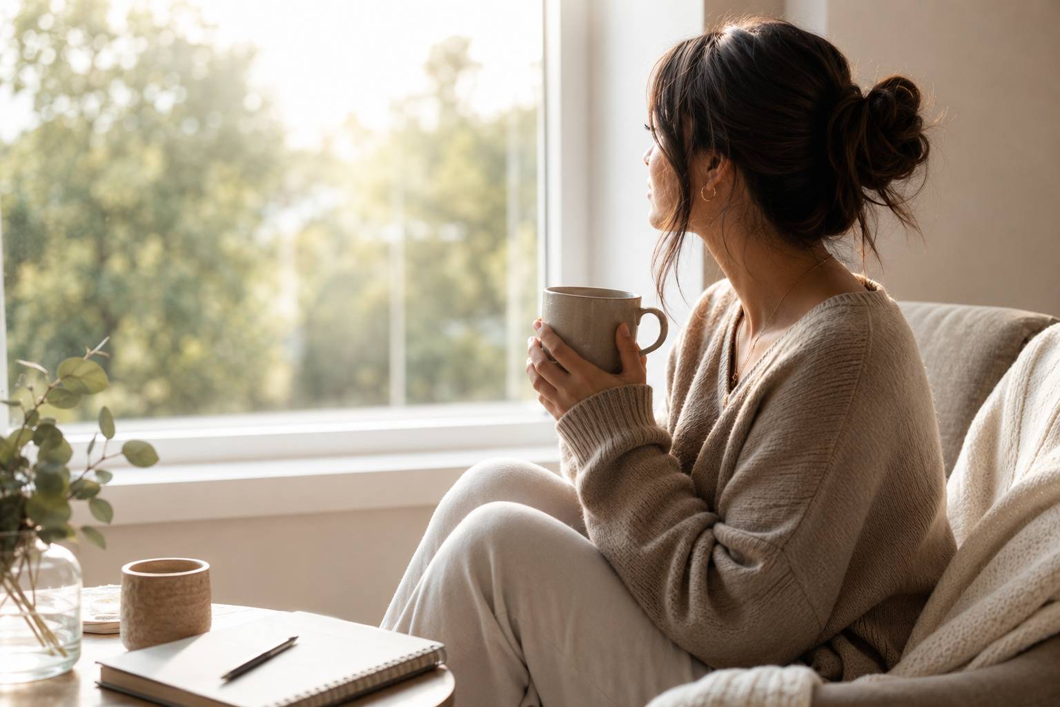 Woman sitting by a window with a cup of tea, taking a quiet moment for self-care during a busy season.
