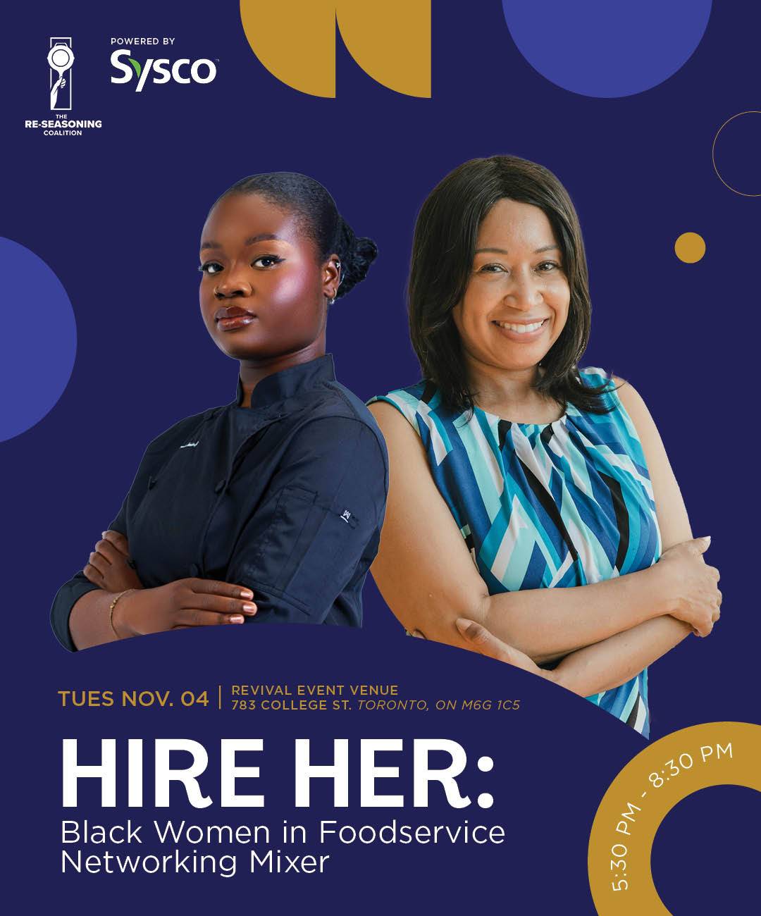 Two Black women standing back to back with their arms crossed, one in a chef's jacket and one in a business casual top.