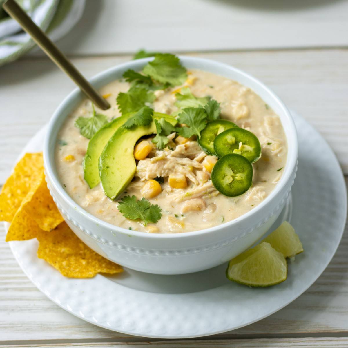 Bowl of white chicken chili.