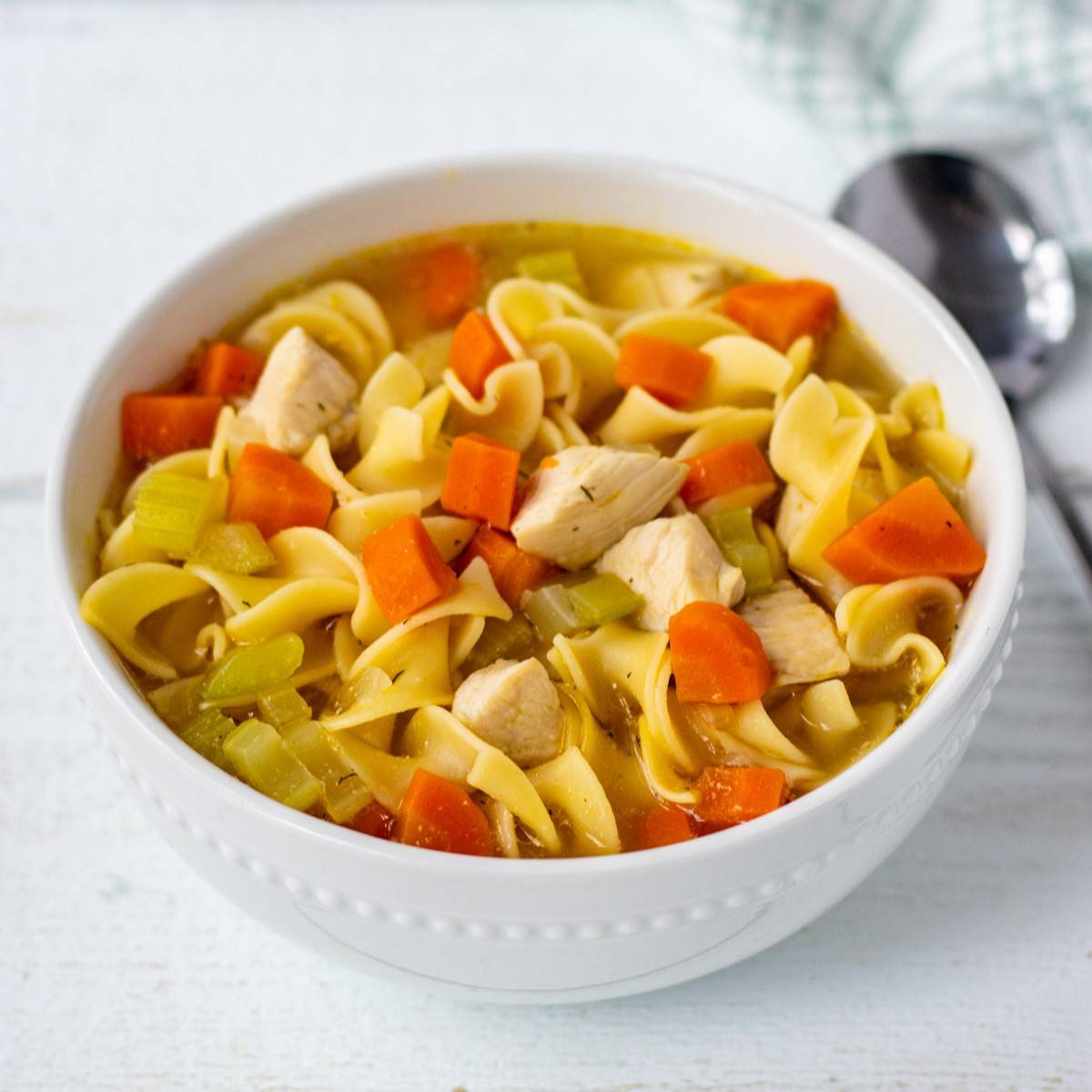 Bowl of chicken noodle soup.