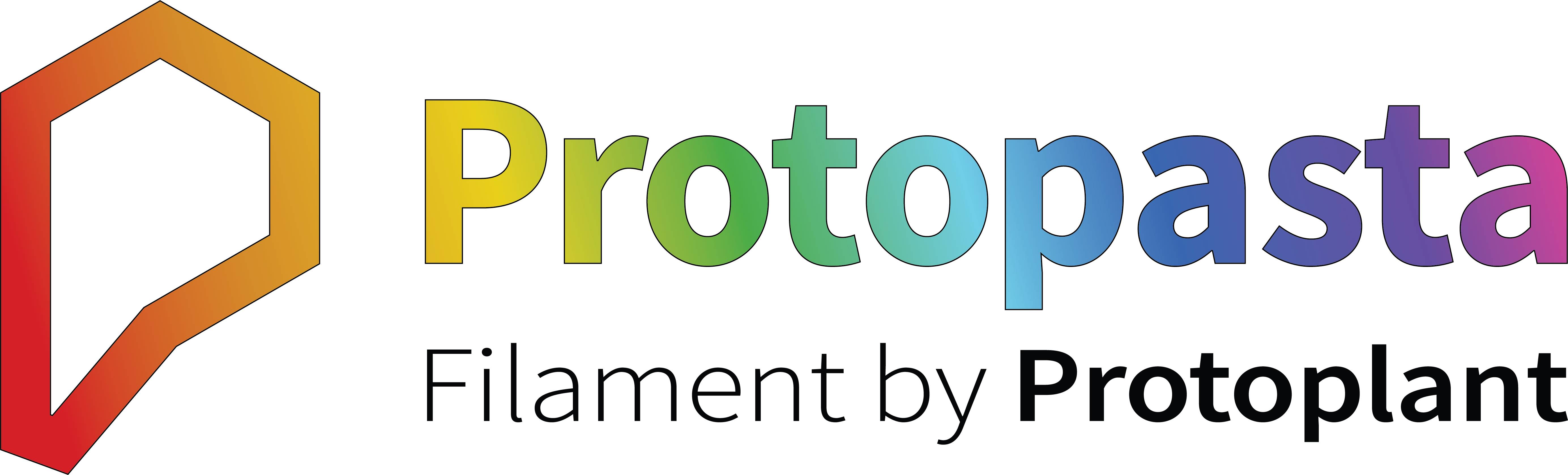 rainbow colored stylized logo stating protopasta, filament by protoplant